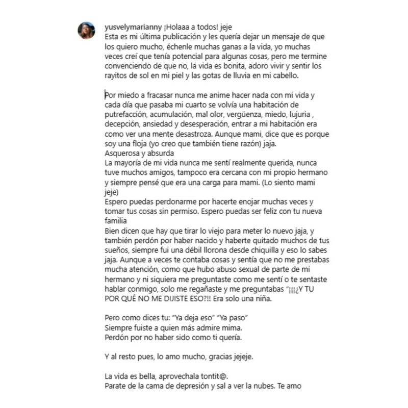 Última carta de Yusvely en Instagram